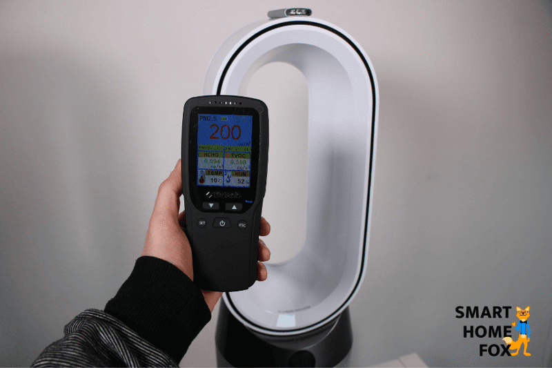 Das Messgerät zeigt die Messwerte am Anfang des Tests, im Hintergrund steht der Dyson Luftreiniger